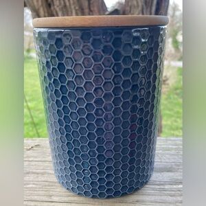 Home Basics Navy Honeycomb Ceramic Jar with Bamboo Lid